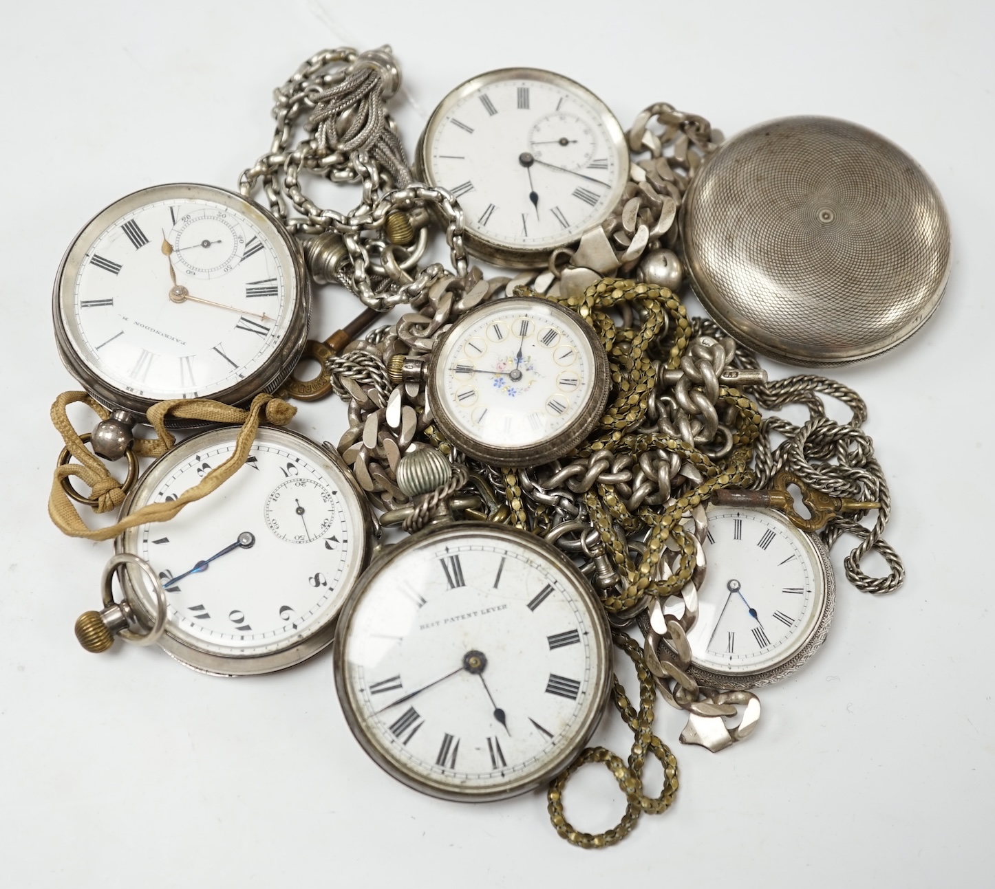 Three assorted silver pocket watches, including a hunter by Cometti, Lewes, two white metal pocket watches and two Swiss white metal fob watches, together with assorted chains including 925. Condition - poor to fair